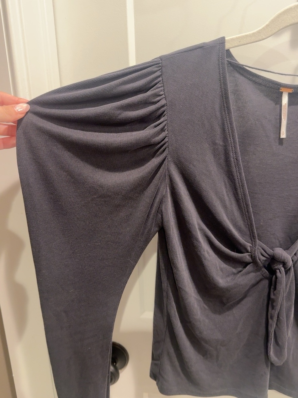 Free People Charcoal Tie-Front Puff Sleeve Long Sleeve Top